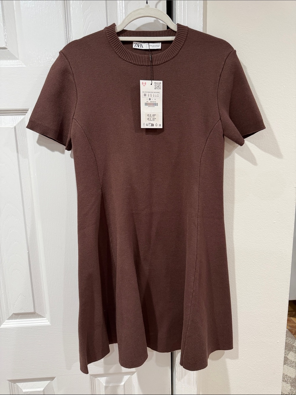 ZARA Short Sleeve Knit A-Line Dress in Chocolate Brown